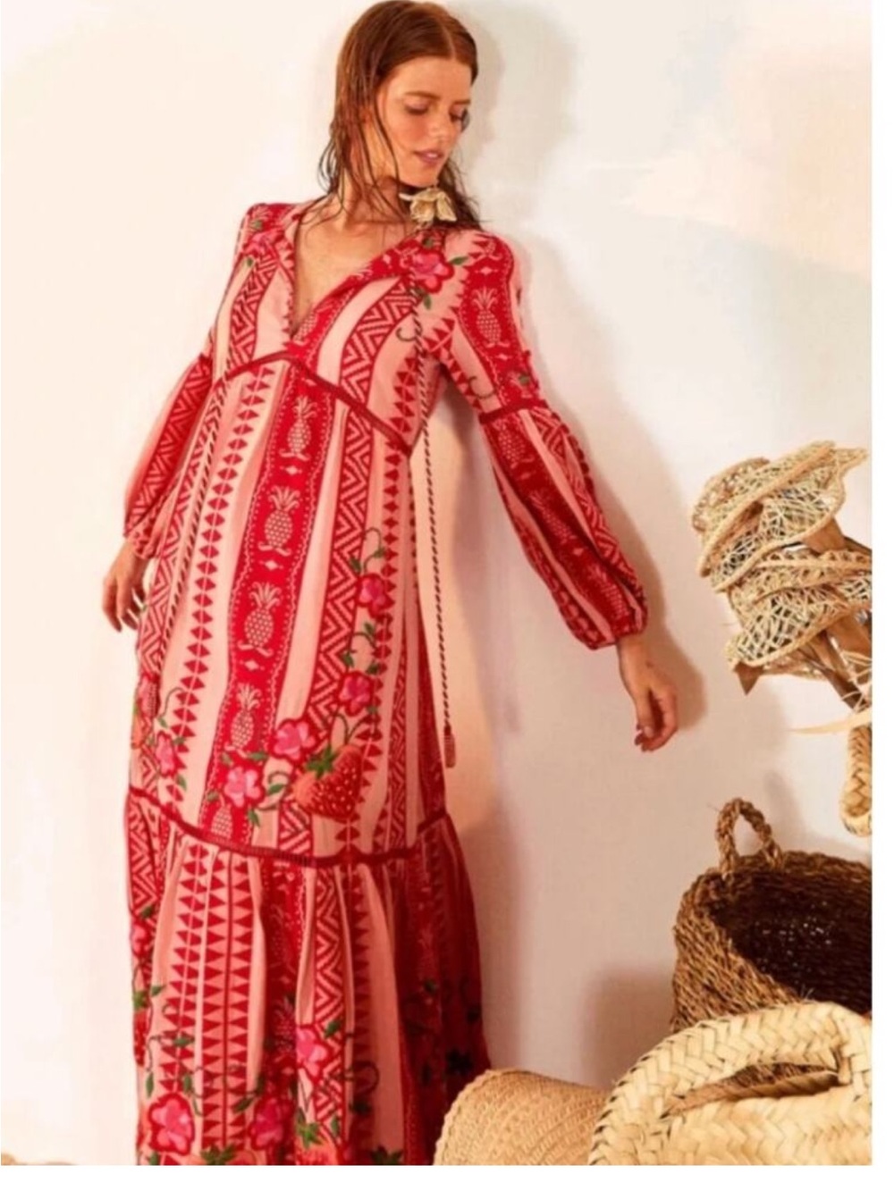 Farm Rio Embroidered Strawberry Jacquard Maxi Dress Red/Pink medium